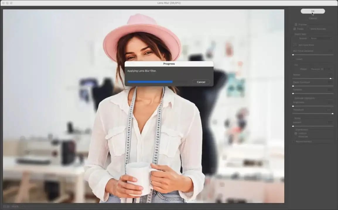 Postprodukcja zdjęcia w programie graficznym - aplikowanie filtra rozmycia soczewkowego na portret