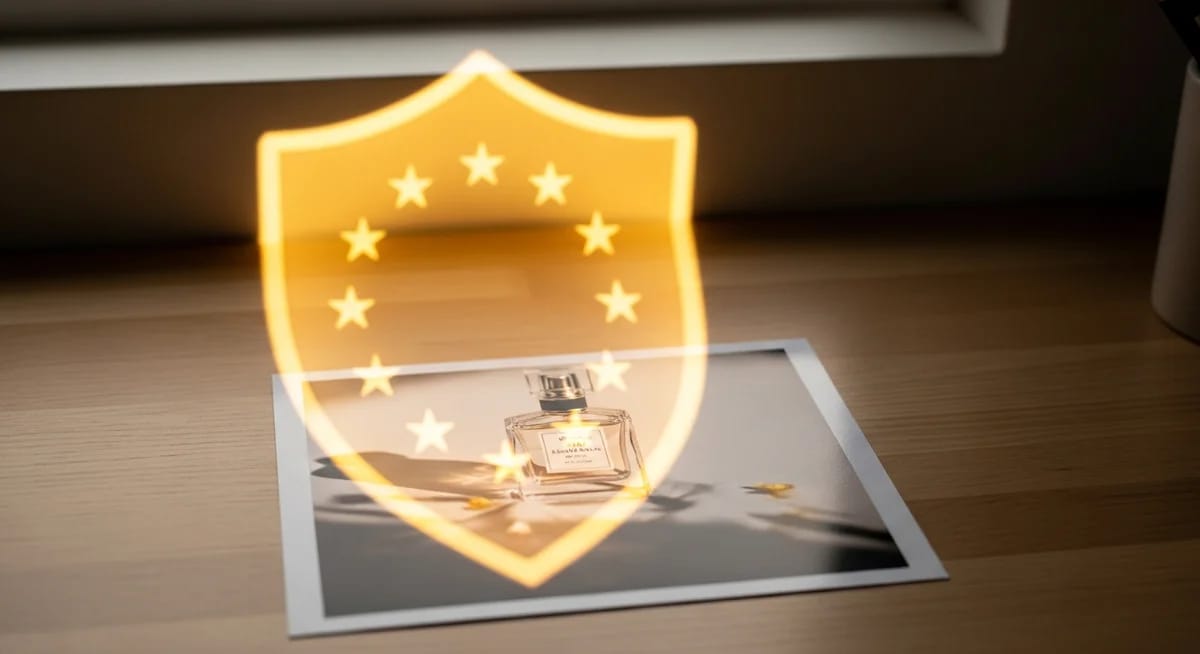 Leuchtendes Schild mit EU-Sternen über einem gedruckten Parfum-Produktfoto auf dem Schreibtisch