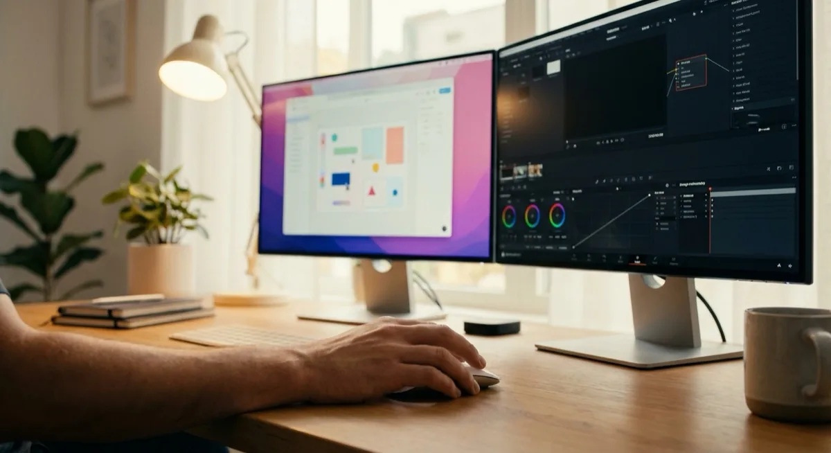 Canva vs Photoshop - two monitors showing different graphic design software