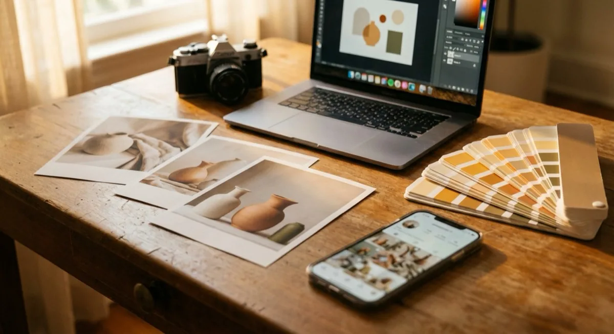 Product photography workflow - camera, laptop and printed product photos on a wooden desk
