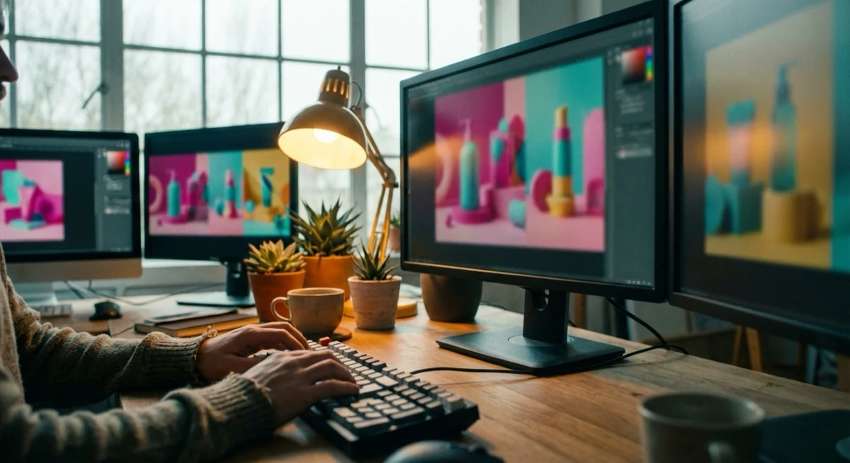 Designer am Schreibtisch mit Monitoren, auf denen farbige KI-generierte Kosmetikszenen zu sehen sind