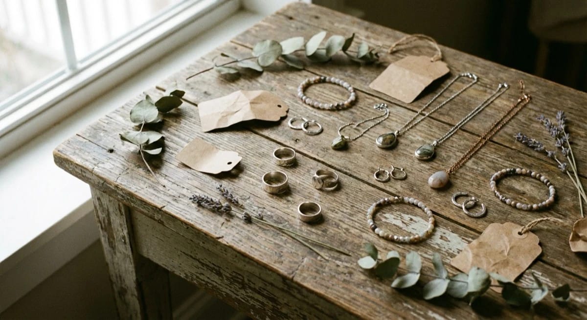 Handmade jewellery arranged as a flat lay for an Etsy listing