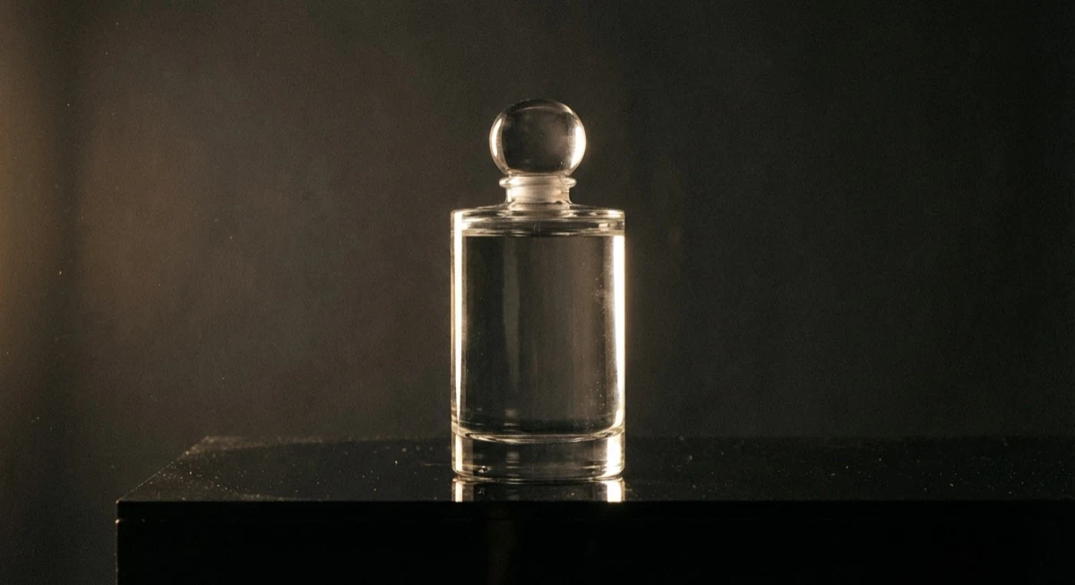 Parfumflakon aus Glas mit Rim-Light-Kontur vor schwarzem Hintergrund