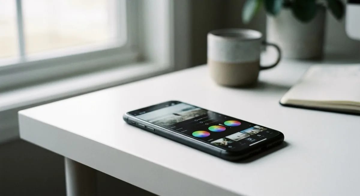 Smartfon z otwartą aplikacją do edycji zdjęć na białym biurku przy oknie