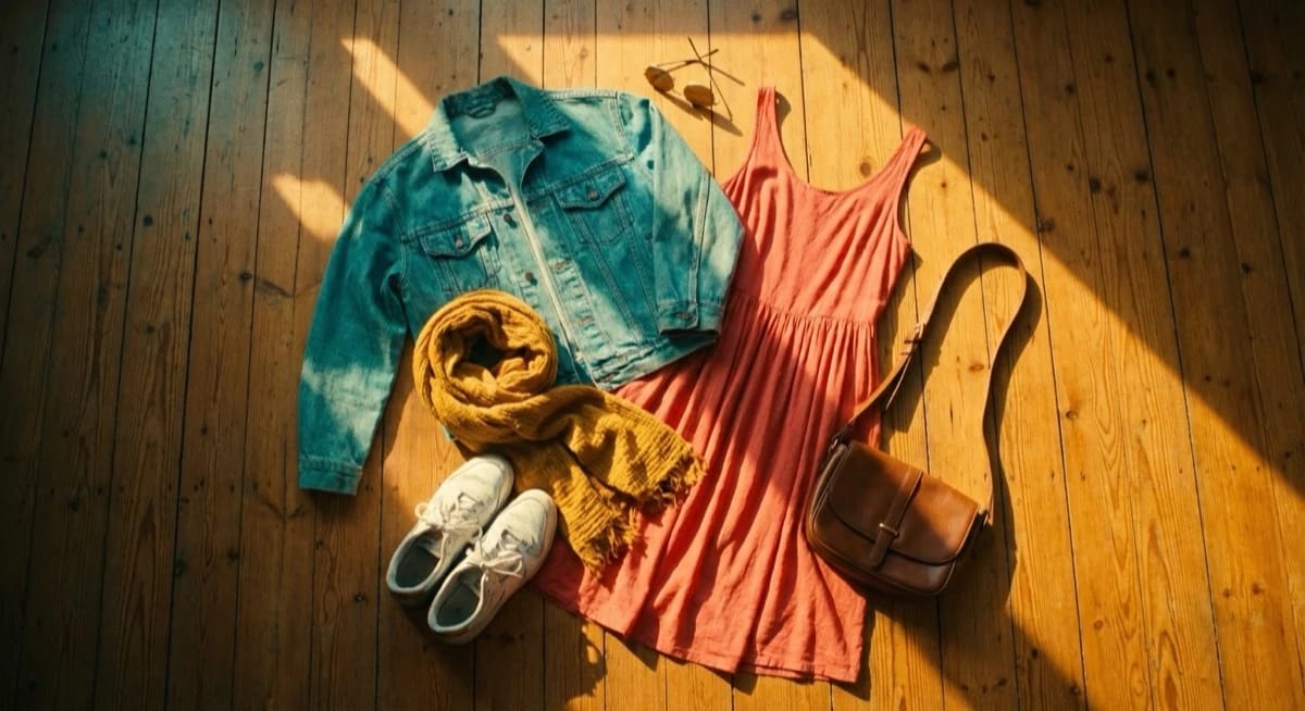 Second-Hand-Kleidung von oben auf Holzdielen: Jeansjacke, rosa Kleid, gelber Schal, weisse Sneaker und braune Ledertasche im Sonnenlicht