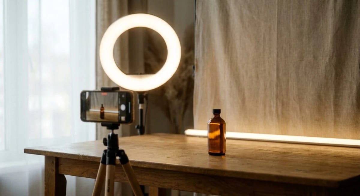 Heim-Setup für Live Shopping, Smartphone auf Stativ, Ringlicht und ein Kosmetikprodukt auf einem Holzschreibtisch