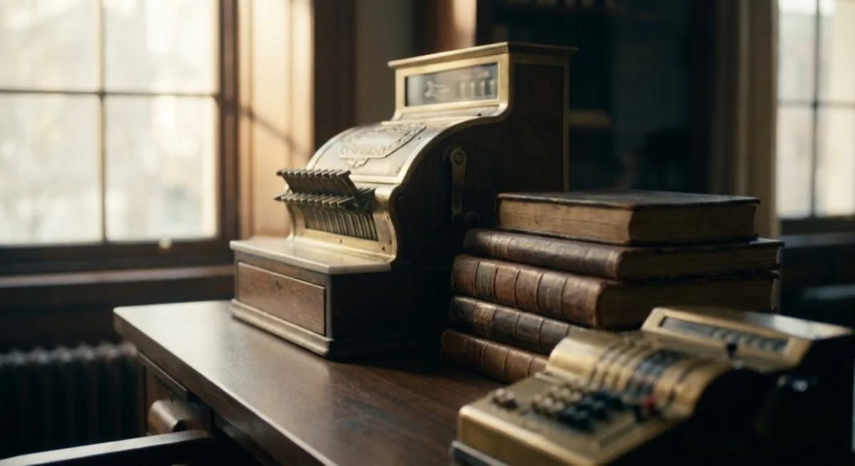 Capture One Pricing 2026 - Vintage-Kasse, Messing-Rechenmaschine, Finanzunterlagen