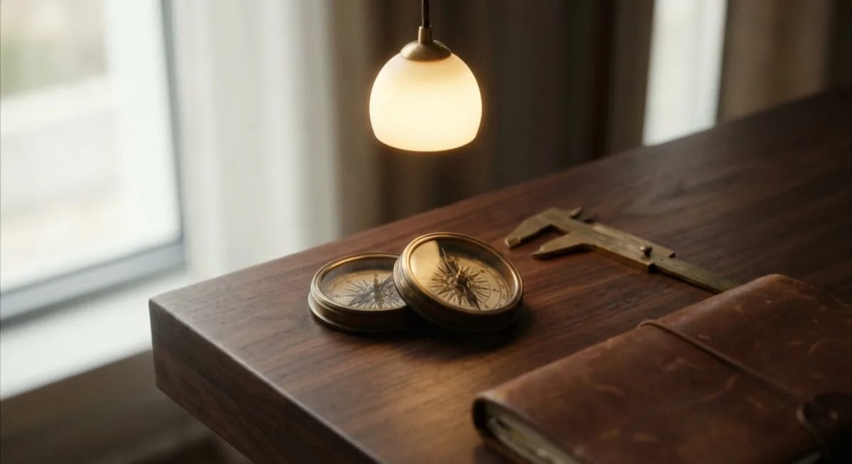 Two brass compasses, a caliper and a leather notebook on a dark wooden desk