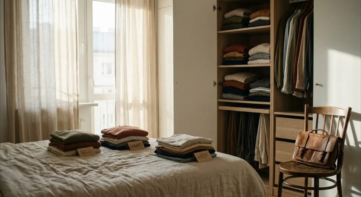 Sorting clothes at home before listing on eBay UK and Vinted - bedroom wardrobe declutter