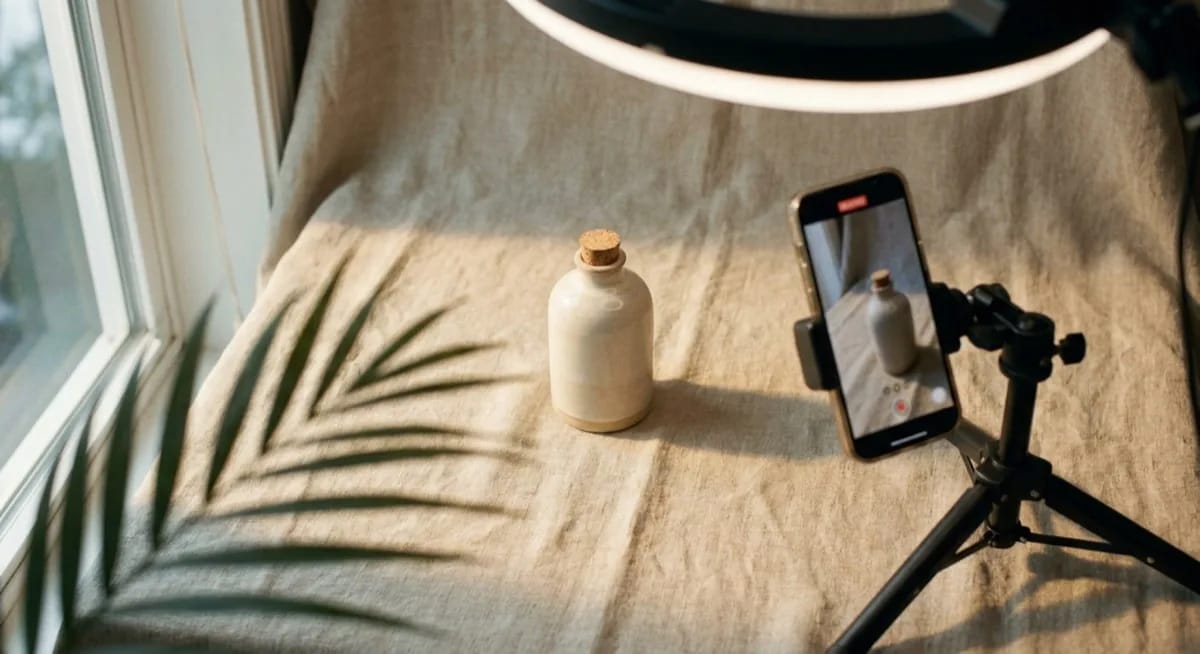 Photo studio with AI product video setup - premium cosmetic on linen background