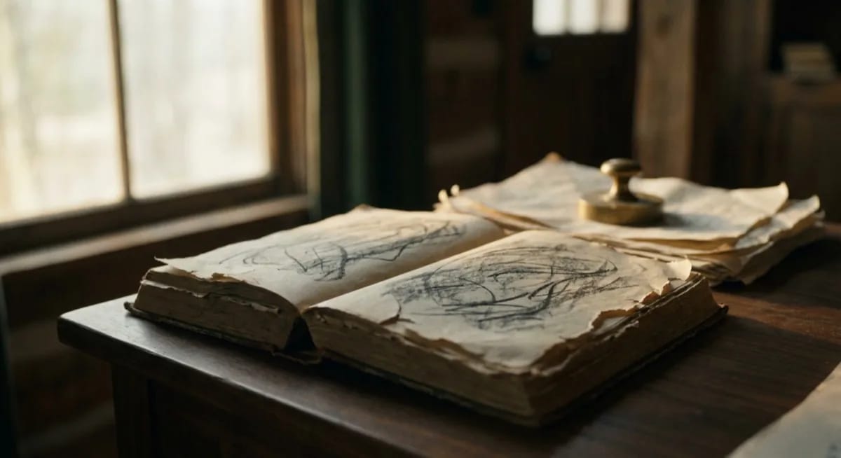 Halucynacje AI - $67.4 mld koszt 2024, vintage book z torn pages, atmosphere of content quality concerns