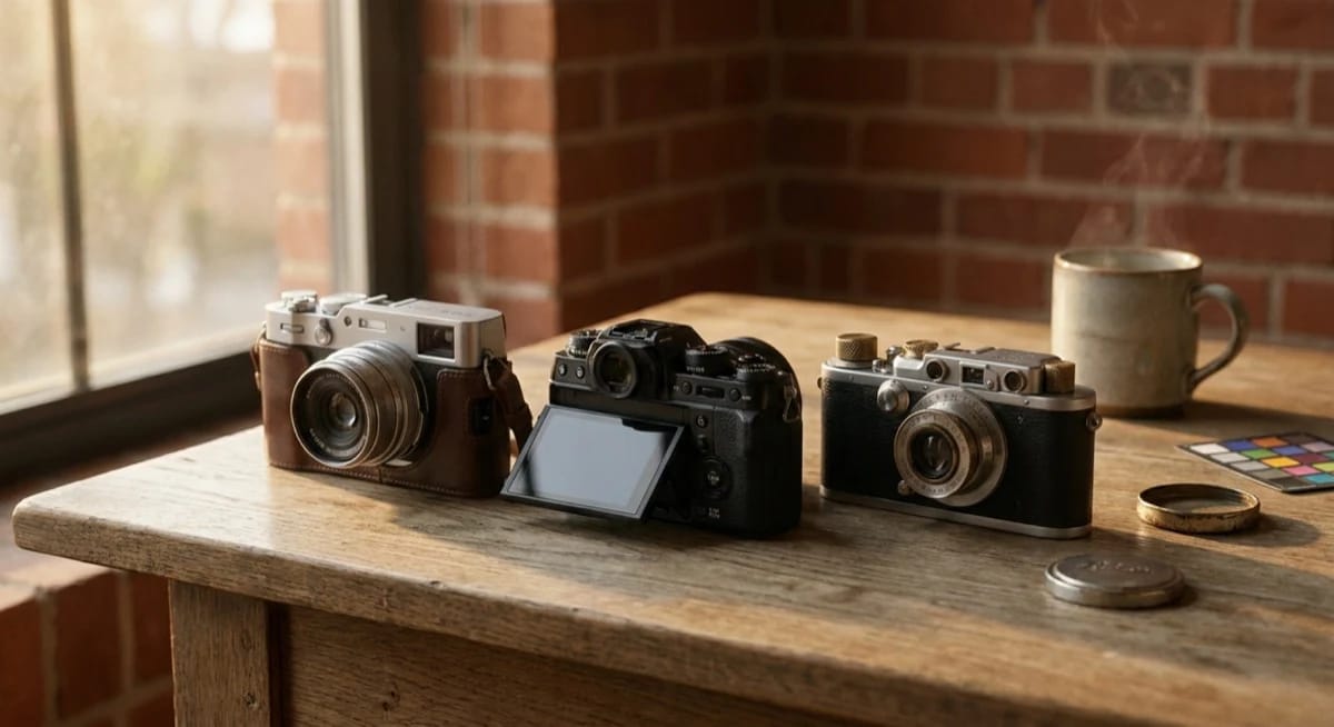 Three cameras on a wooden table by a brick wall, with a colour checker and a lens filter