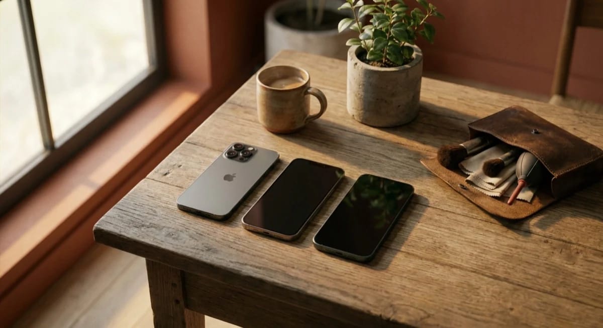 Three smartphones, a mug and a lens cleaning kit on a wooden table by a window