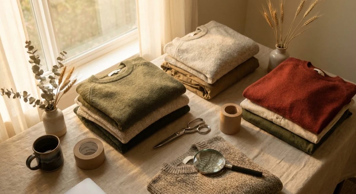 Stacks of folded jumpers on a linen covered table with scissors, tape and a magnifier