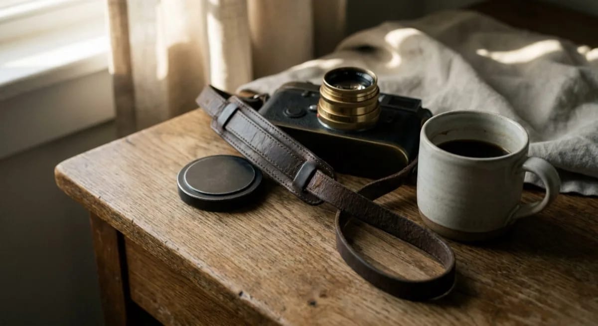 Classic mirrorless camera with leather strap - professional kit for product photography 2026