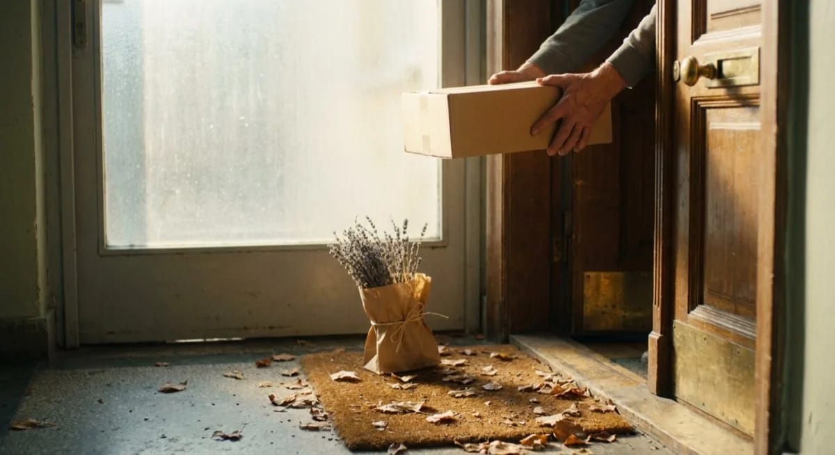 Receiving an eBay UK parcel - front door of a UK home with a parcel and autumn leaves