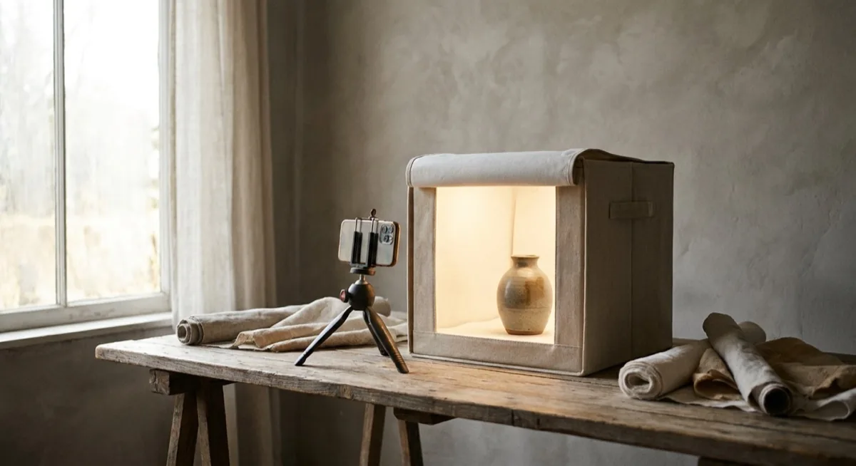 Mini studio with smartphone - lightbox with LED, mini tripod, ceramic vase being photographed