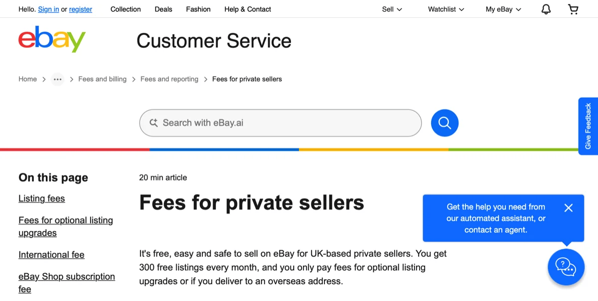 eBay UK Fees for Private Sellers 2026 - official fee structure for UK marketplace