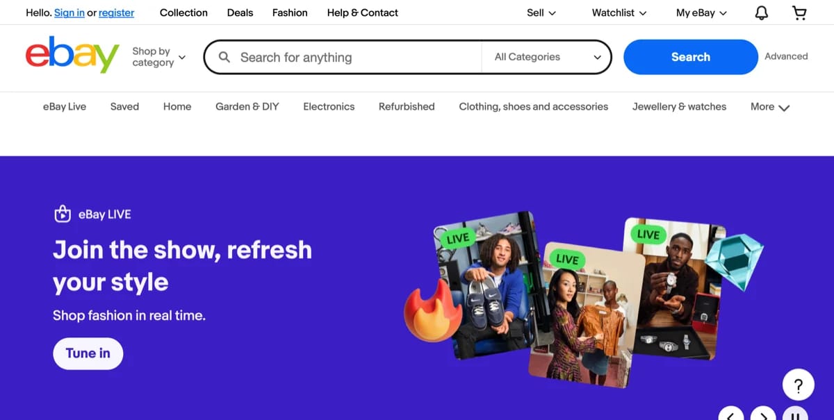 eBay UK homepage 2026 - private and business seller marketplace dashboard