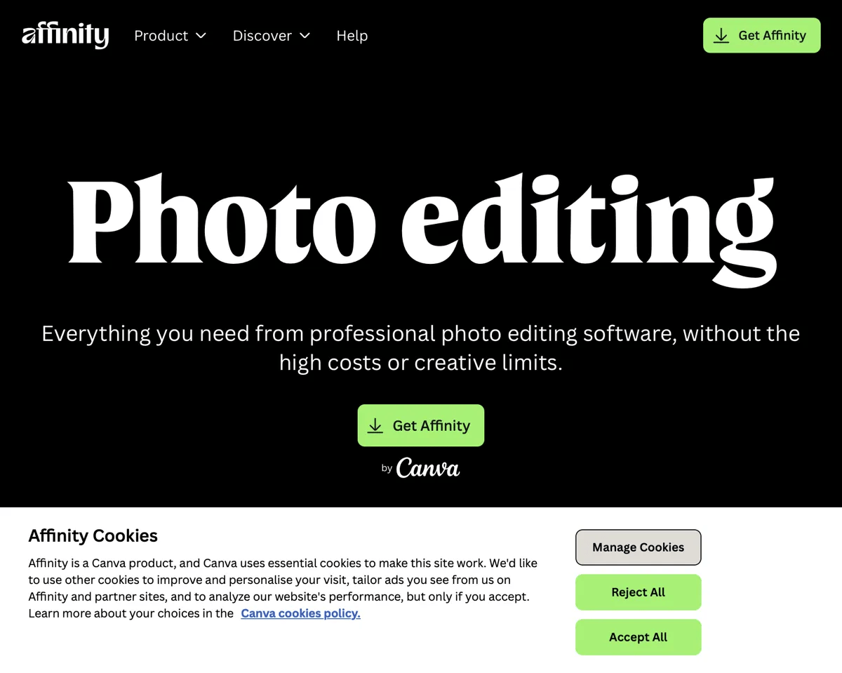 Affinity Photo offizielle Hersteller-Website - Photo editing by Canva, Get Affinity