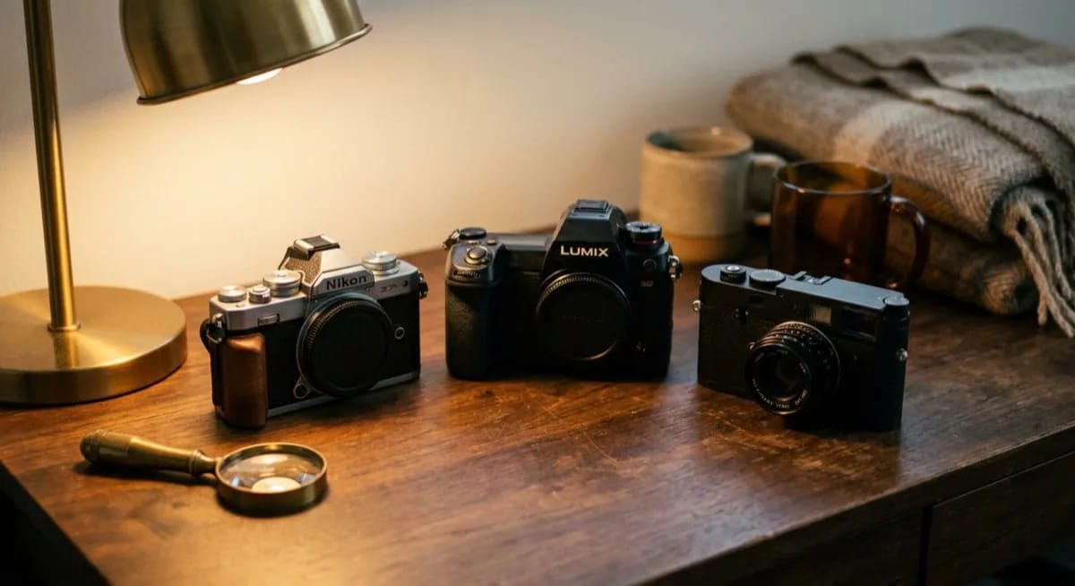 Mirrorless camera sensor comparison - Sony A6400, Fujifilm X-T5, Nikon Z fc on a desk