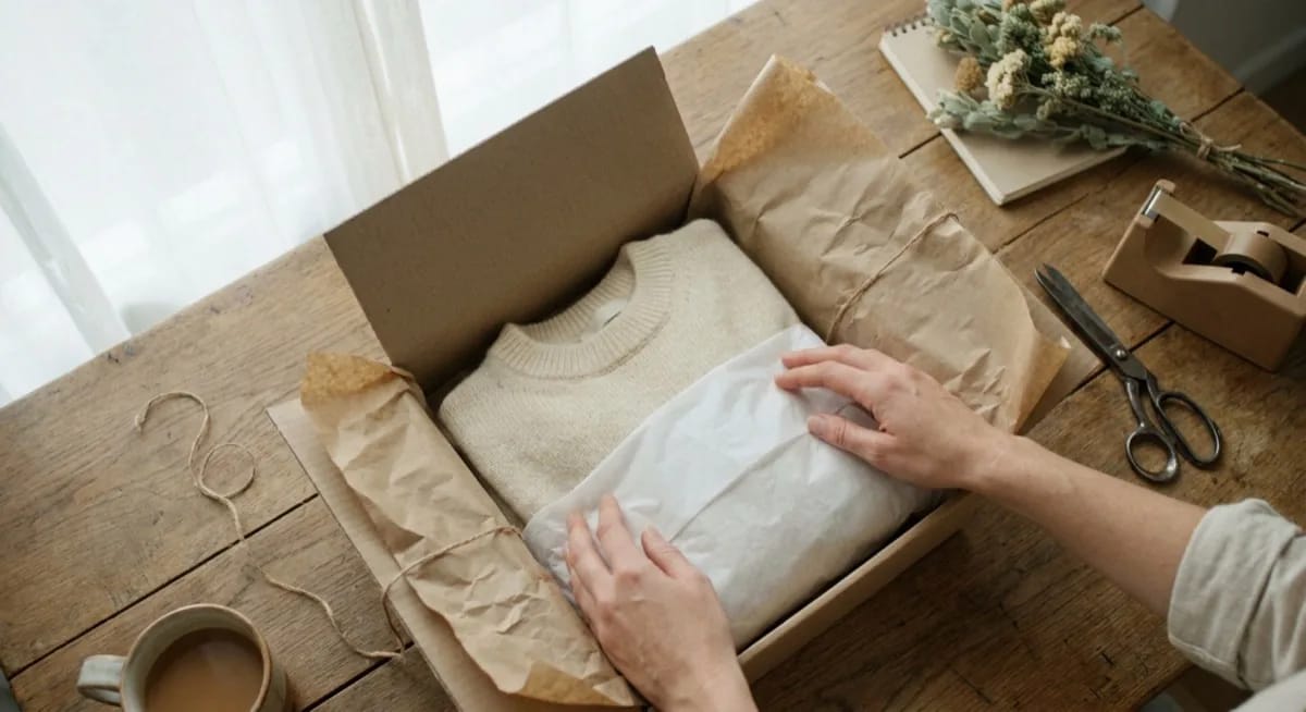 Packing an eBay UK sale - kraft paper, parcel tape and a thank you note