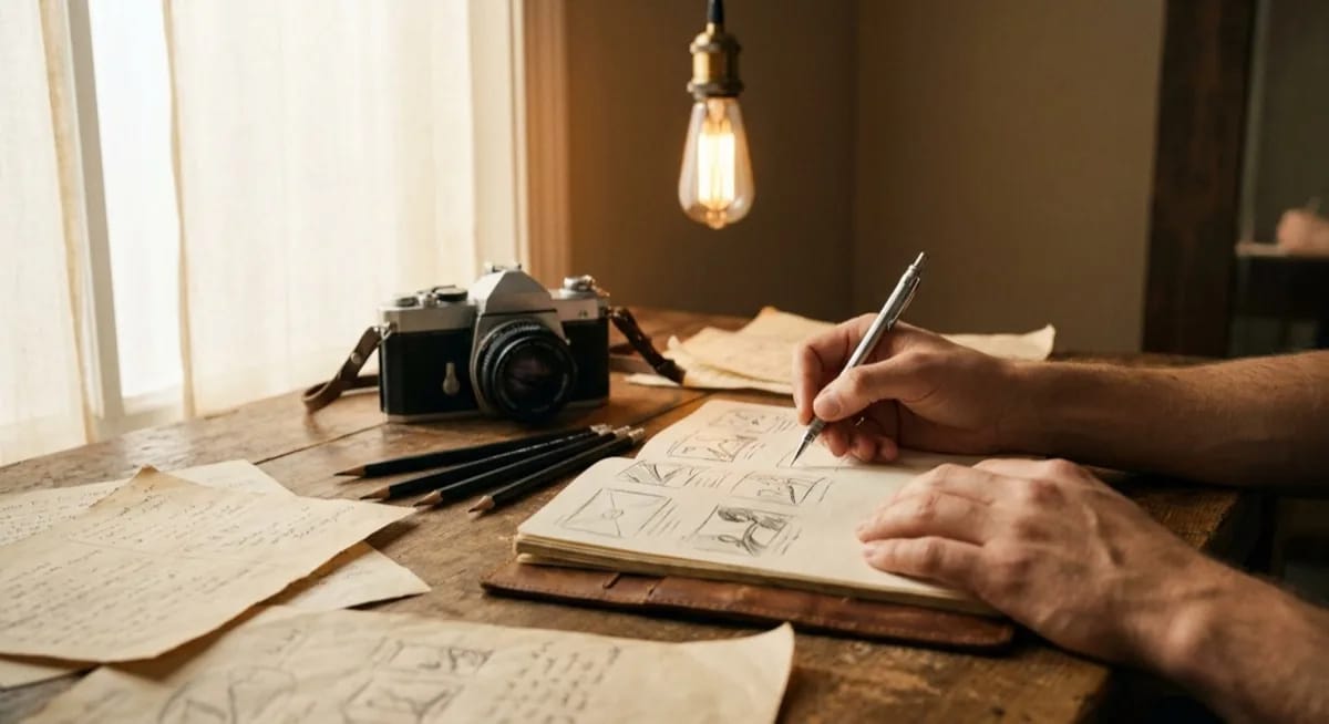 Creative storyboard for AI product video - leather notebook, pencil, creative pipeline
