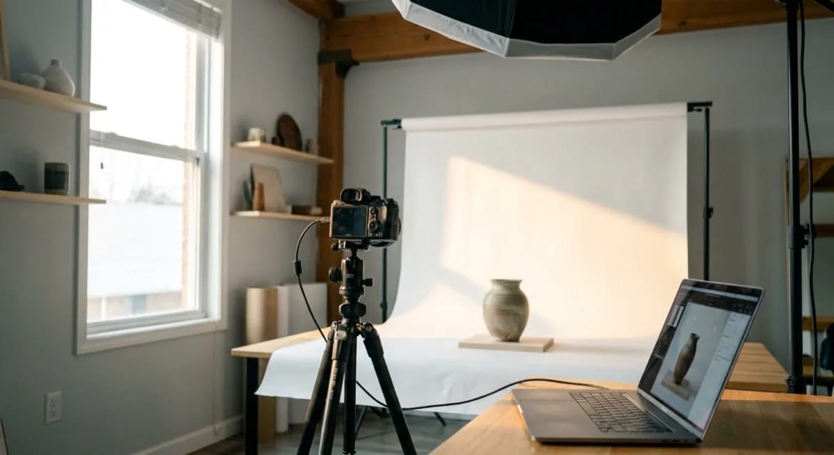 Tethered shooting setup - camera connected via USB to a laptop, packshot in a photography studio