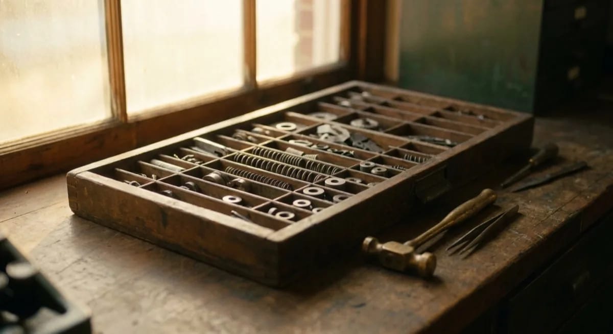 Workflow automation AI copywriting - vintage type-setting drawer, brass tools, batch processing