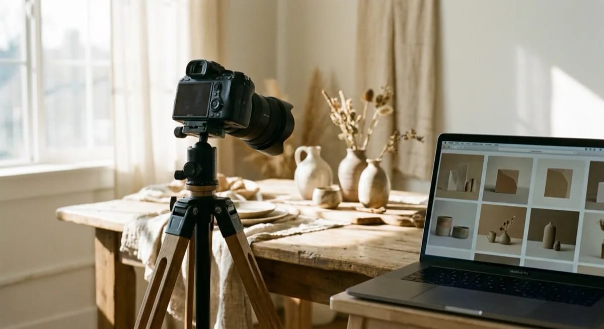 Studio fotograficzne z aparatem na statywie i ekranem komputera pokazującym warianty AI tego samego produktu