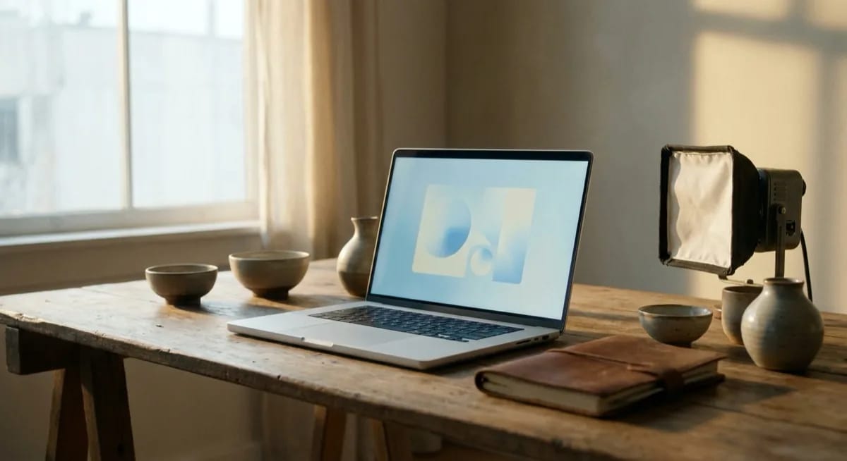 Laptop mit der Gemini AI Oberfläche neben Produkten zum Fotografieren auf einem Schreibtisch