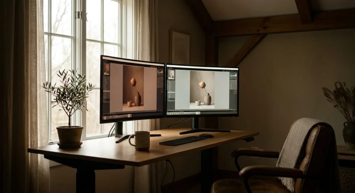 Computerbildschirm mit einem Side-by-Side-Vergleich von Gemini und ChatGPT Foto-Bearbeitungen