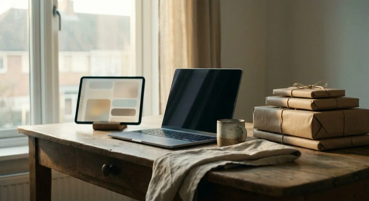 Biurko przedsiębiorcy e-commerce z laptopem, paczkami do wysyłki i tabletem z aplikacją do fakturowania