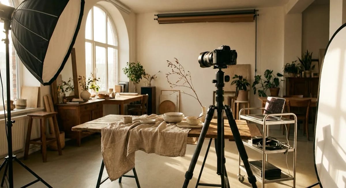 Professionelles Fotostudio mit Beleuchtungs-Setup für eine Produkt-Session