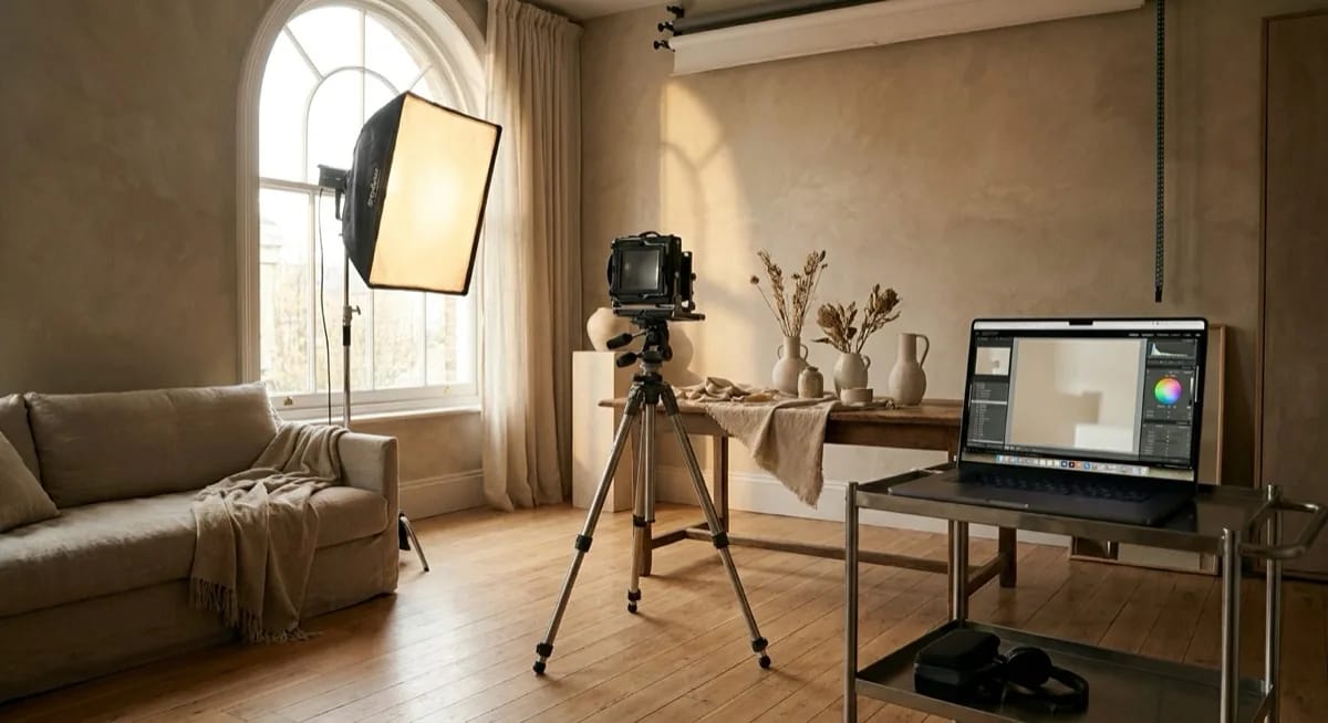 Profesjonalne studio fotograficzne z oświetleniem i laptopem pokazującym kreatywny workflow
