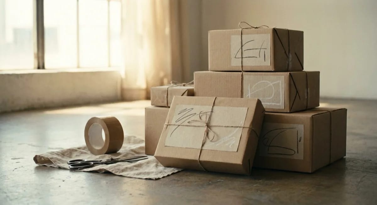 Kurierpakete mit DHL- und Hermes-Etiketten versandbereit für Temu