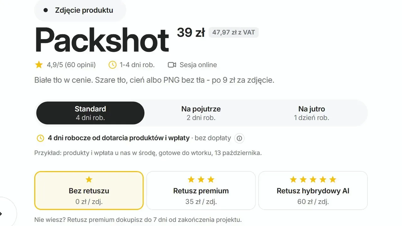 Wybór terminu w aplikacji: Standard 4 dni, Na pojutrze 2 dni, Na jutro 1 dzień