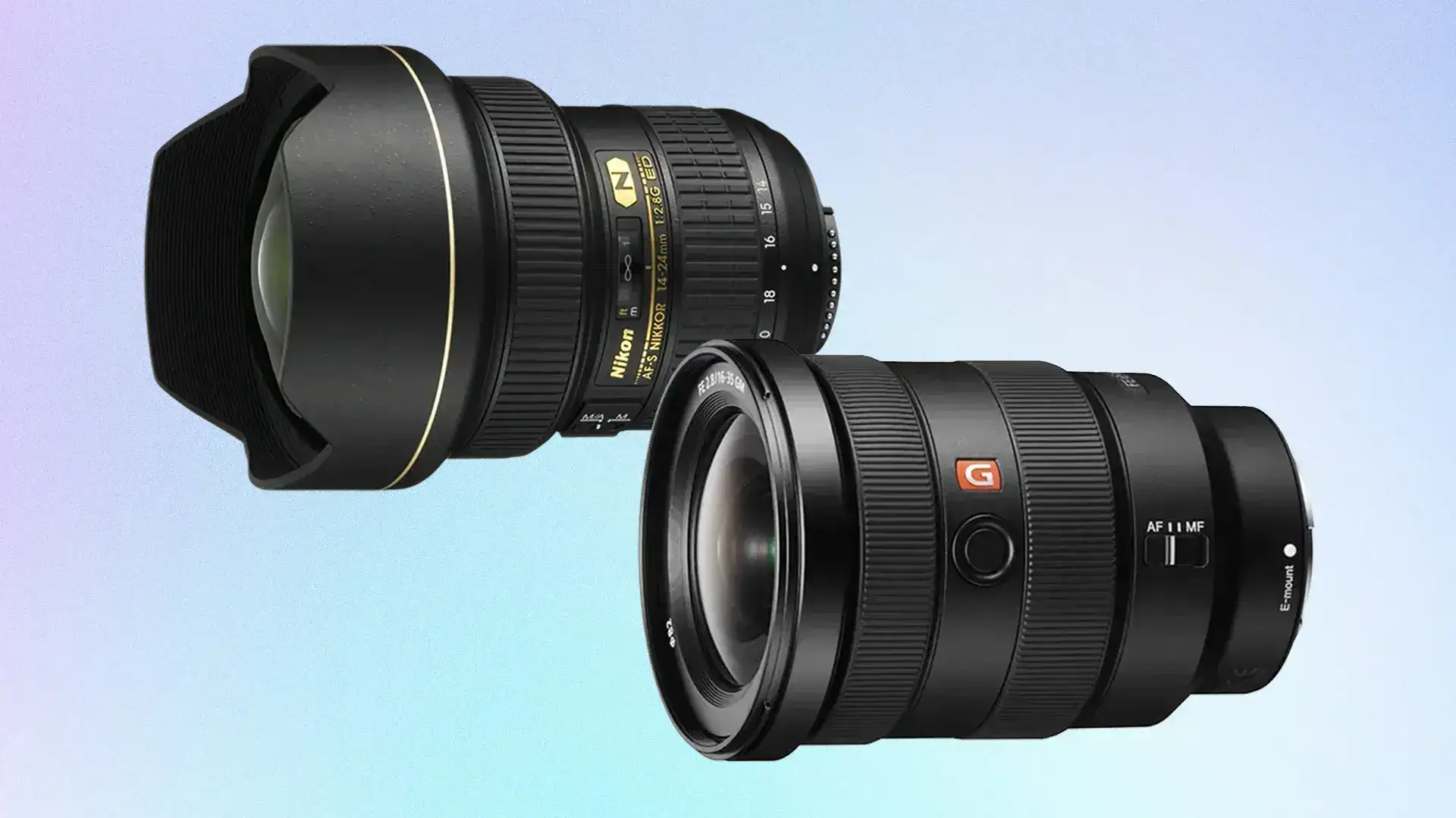 Dwa obiektywy szerokokątne Nikon i Sony na jasnym tle