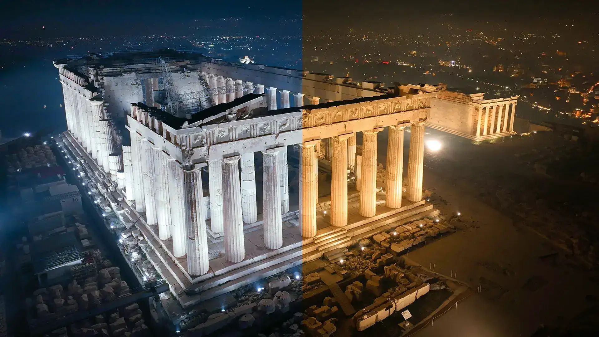 Porównanie obróbki zdjęć przed i po - nocna fotografia architektury z różnym balansem bieli