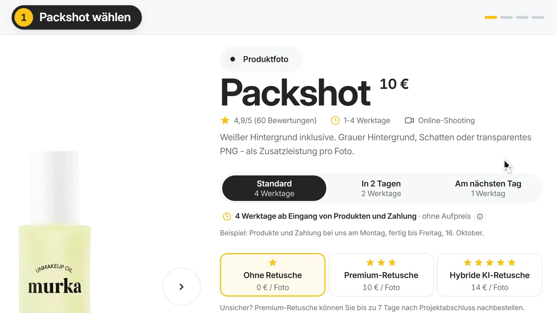 Packshot-Konfigurator in der marszalstudio-App: weißer Hintergrund inklusive, Packshots ab 10 € pro Foto