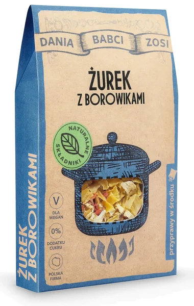 Żurek z borowikami Dania Babci Zosi w kartonowym pudełku na białym tle