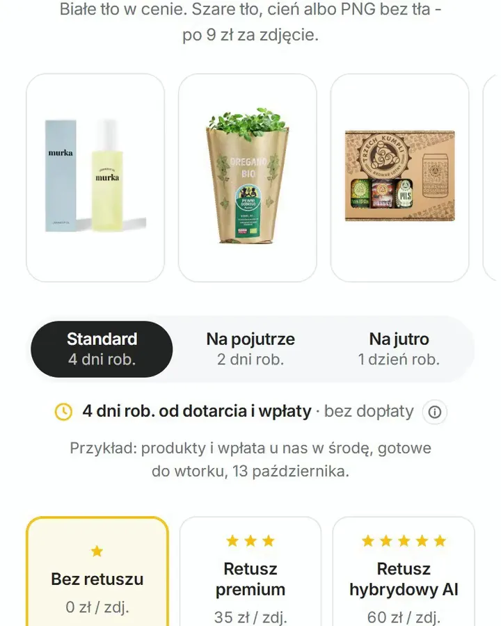 Wybór terminu w aplikacji: Standard 4 dni, Na pojutrze 2 dni, Na jutro 1 dzień