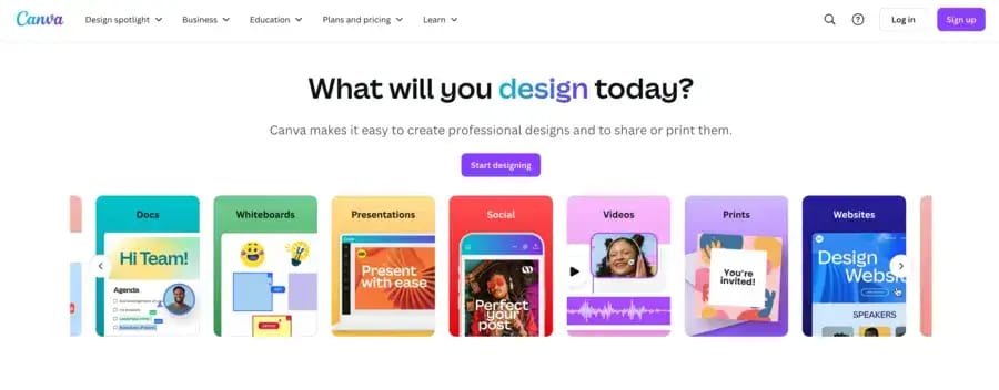 Canva home page with the question about what you want to design and rows of templates