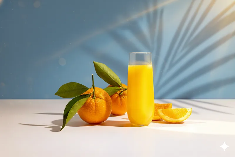 Nano Banana w ecommerce – AI w fotografii produktowej, Zdjęcie 15 banana model orange juice 2, Nano Banana w ecommerce – AI w fotografii produktowej