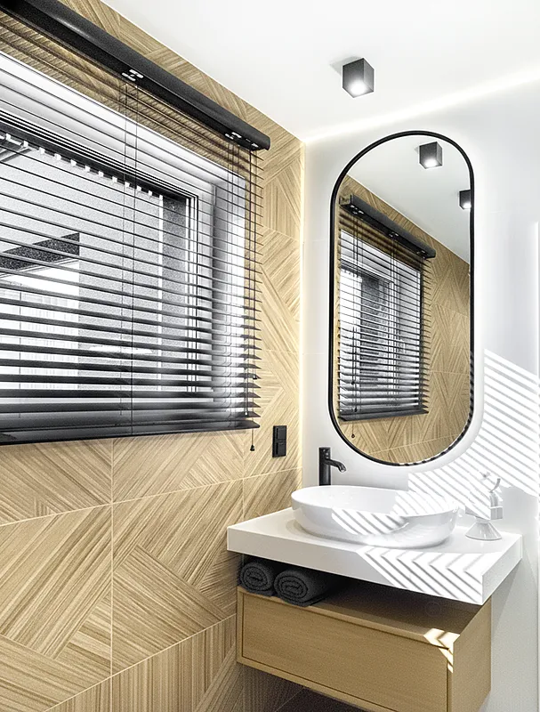 Nowoczesna łazienka z drewnianymi płytkami, owalnym lustrem i białą umywalką nablatową