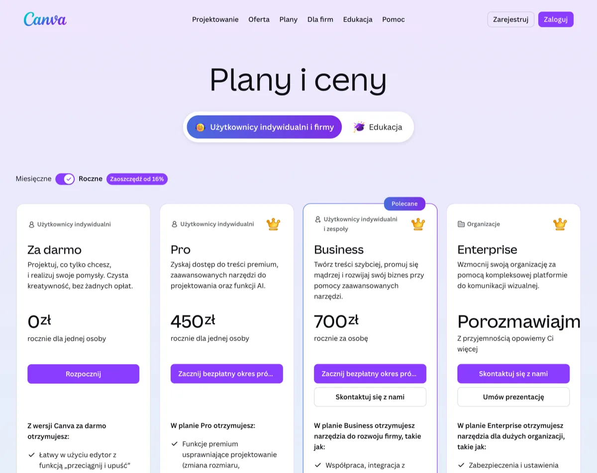 Canva w 2026 - kompletny poradnik do zdjęć produktowych i grafik, Zdjęcie 3 Canva cennik - porównanie planów Free, Pro, Business