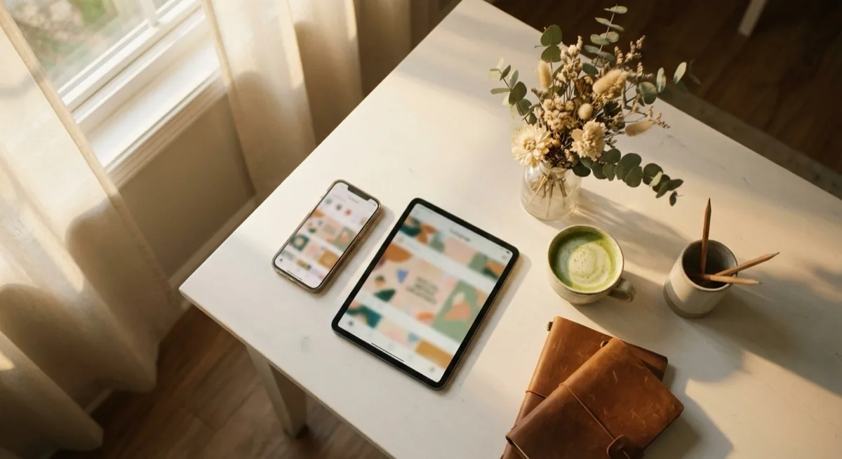 Canva 2026 - Complete Guide to Product Photos and Graphics, Zdjęcie 7 Canva for social media - creative workspace with smartphone and tablet showing social media graphics