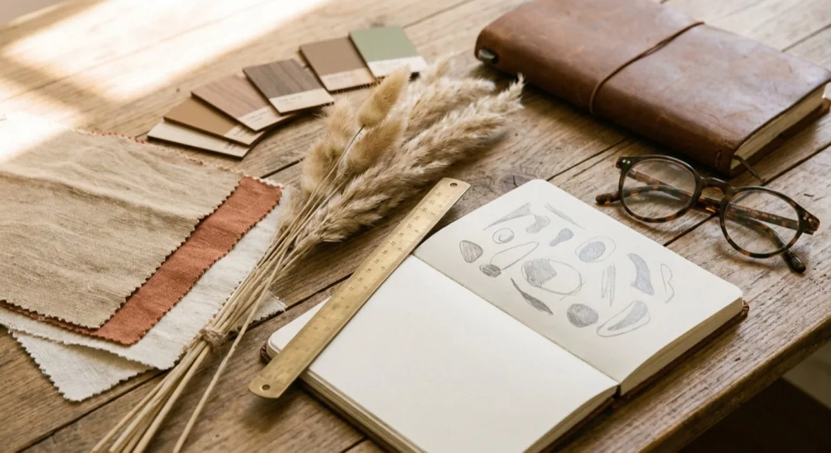 Flat lay moodboard z próbkami materiałów, paletą kolorów i notesem z zarysami kompozycji