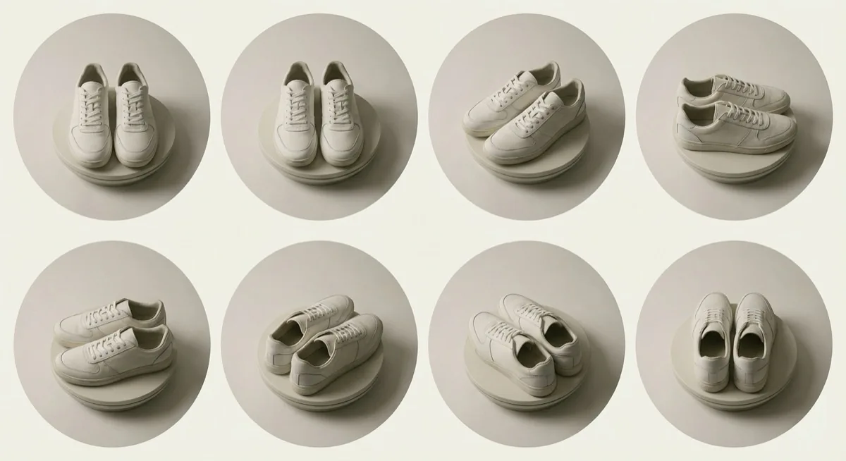 fotografia 360 stopni - sekwencja zdjęć butów z kolejnych kątów obrotu