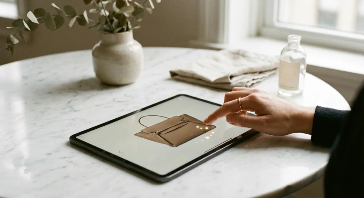 Fotografia produktowa 360 stopni - jak zrobić zdjęcia obrotowe za 30 PLN, Zdjęcie 19 fotografia 360 - interaktywny viewer na tablecie pokazujący torebkę w obrocie